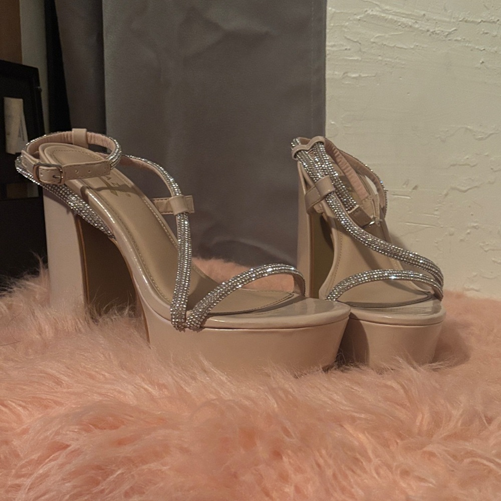 Elegant Nude Platform Heels with Rhinestone Straps